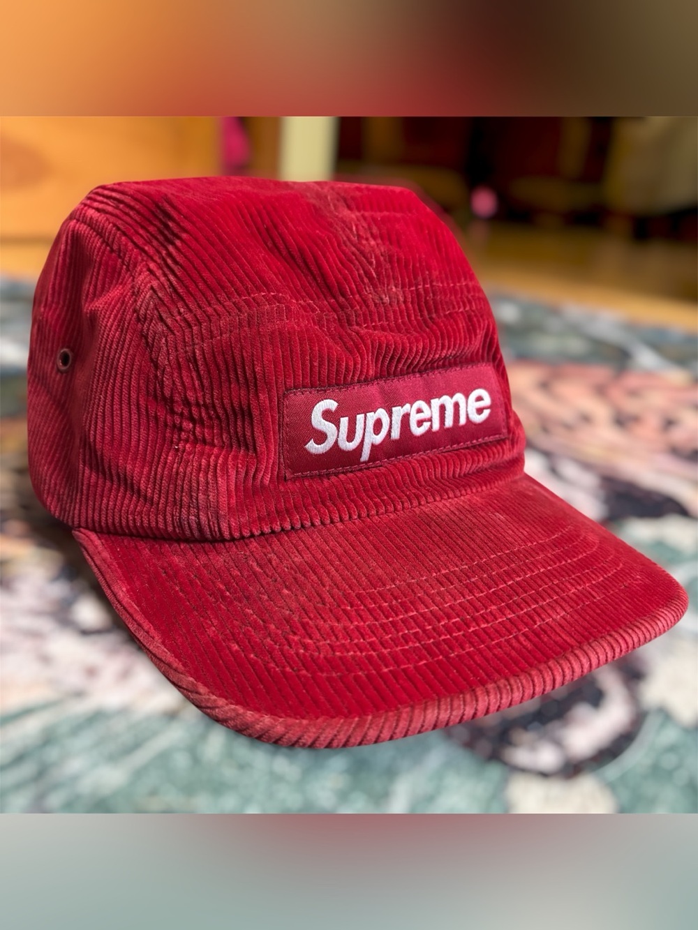 Super Corduroy 5 Panel Camp Cap Adjustable Strap Back Hat Red Box Logo